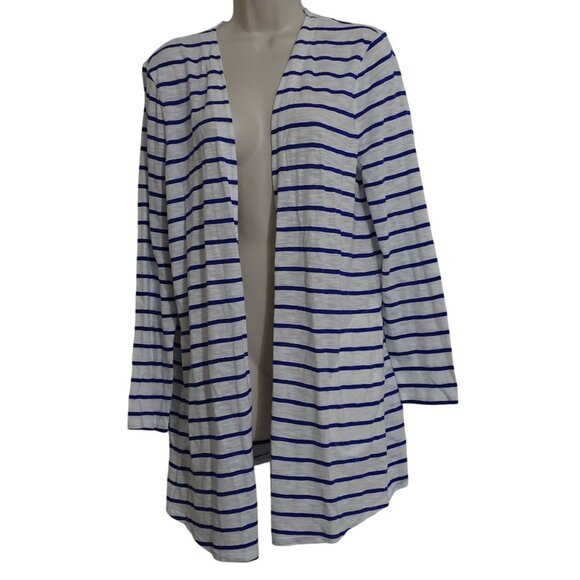 Chicos The Ultimate Tee Open Cardigan Stripe White Blue Women Size 1 M 8 NEW - Picture 1 of 13